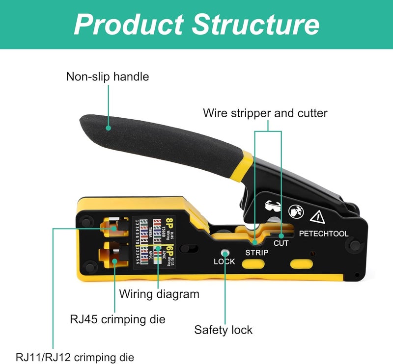 PETECHTOOL RJ45 Crimp Tool Pass Through Ethernet Crimping Tool Kit Cat6 Cat5e Cat6a RJ45 Crimper with Cable Tester, Cat6 Connectors with RJ45 Boot Covers, Mini Stripper, Blades and Cable Ties - Image 3
